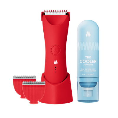 Meridian Trimmer Plus in Lava color with replacement blades and The Cooler soothing spray.