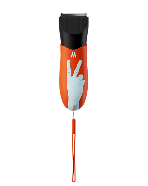 Cordless electric hair clipper with black blade, orange body, hand peace sign graphic, and wrist strap for grooming.