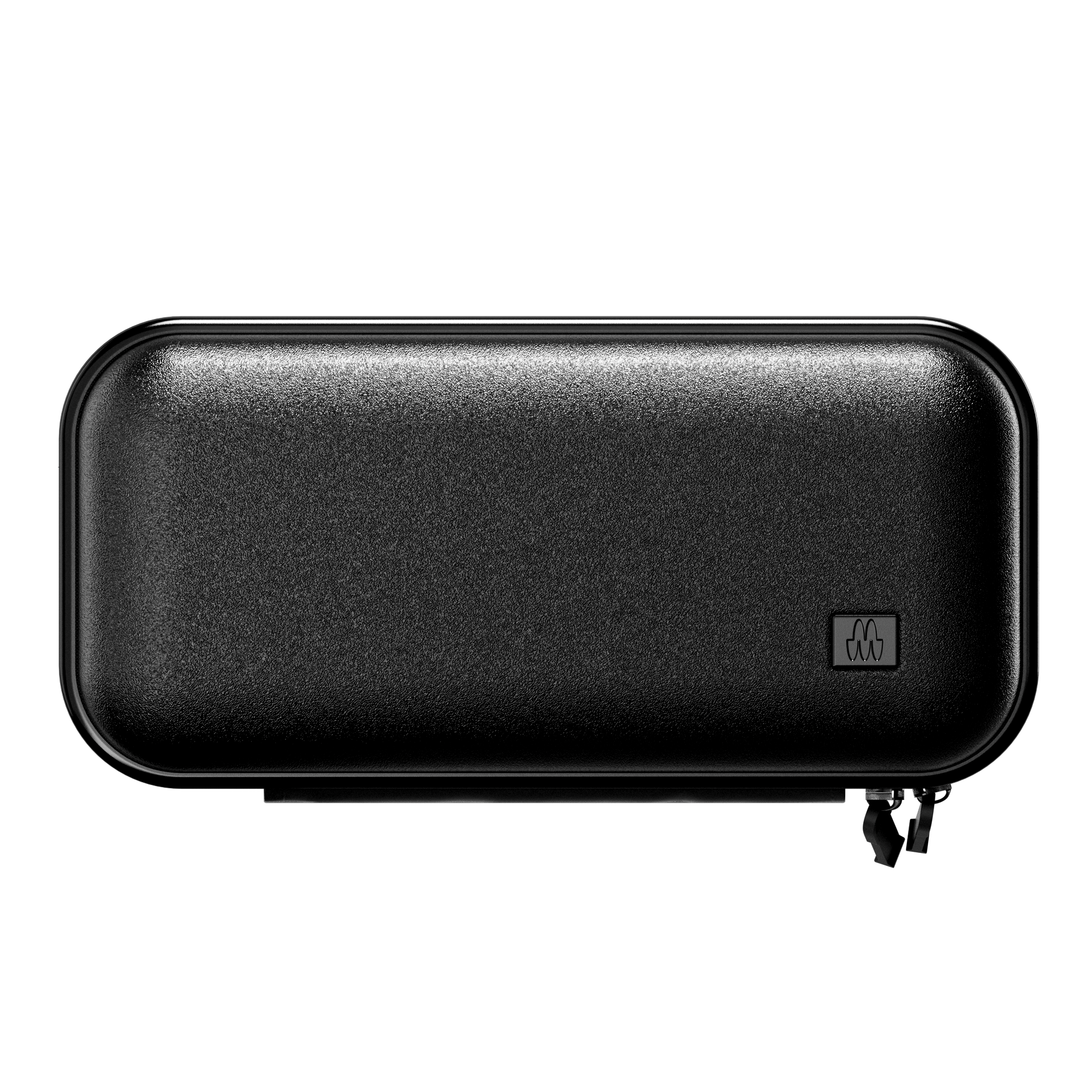Black textured rectangular travel case for grooming and skincare products with a zip closure.