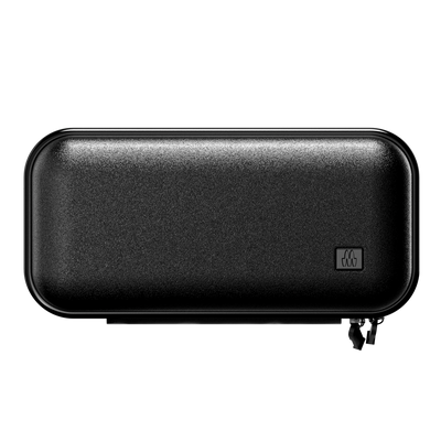 Black textured rectangular travel case for grooming and skincare products with a zip closure.