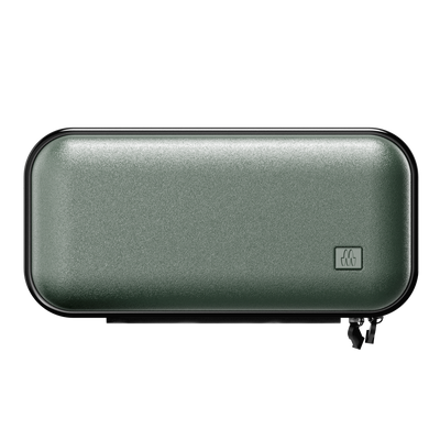 Green textured rectangular travel case for grooming and skincare products with a zip closure.