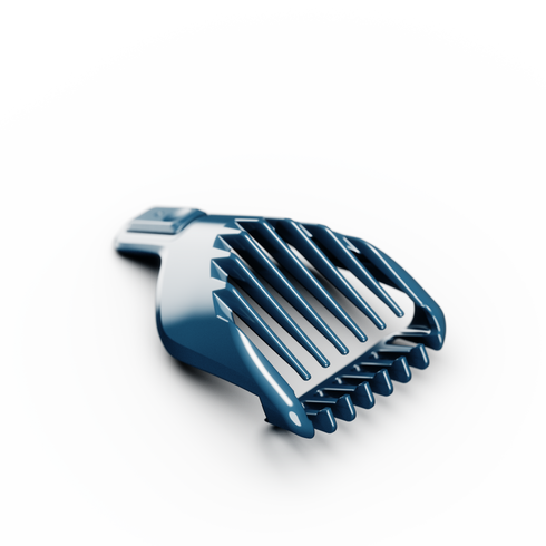 Blue plastic hair clipper guard attachment with evenly spaced comb teeth on a white background