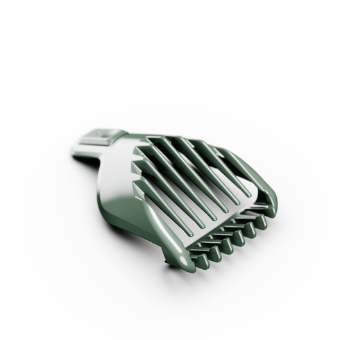 Adjustable clipper guard attachment with comb teeth for hair trimming and grooming tools in white background.