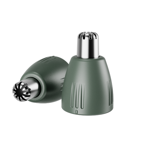 Nose and ear hair trimmer replacement heads with stainless steel blades for personal grooming.