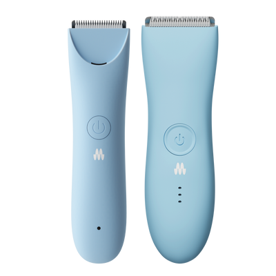 Two sleek light blue electric hair clippers with power buttons and cutting blades, designed for grooming.