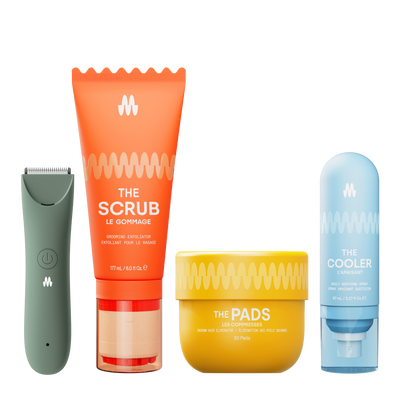 Men's grooming kit featuring a black electric trimmer, orange exfoliating scrub, yellow ingrown hair eliminator pads, and blue daily soothing spray.