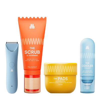 Set of men's grooming products including an electric trimmer, exfoliating scrub, ingrown hair eliminating pads, and daily soothing spray.
