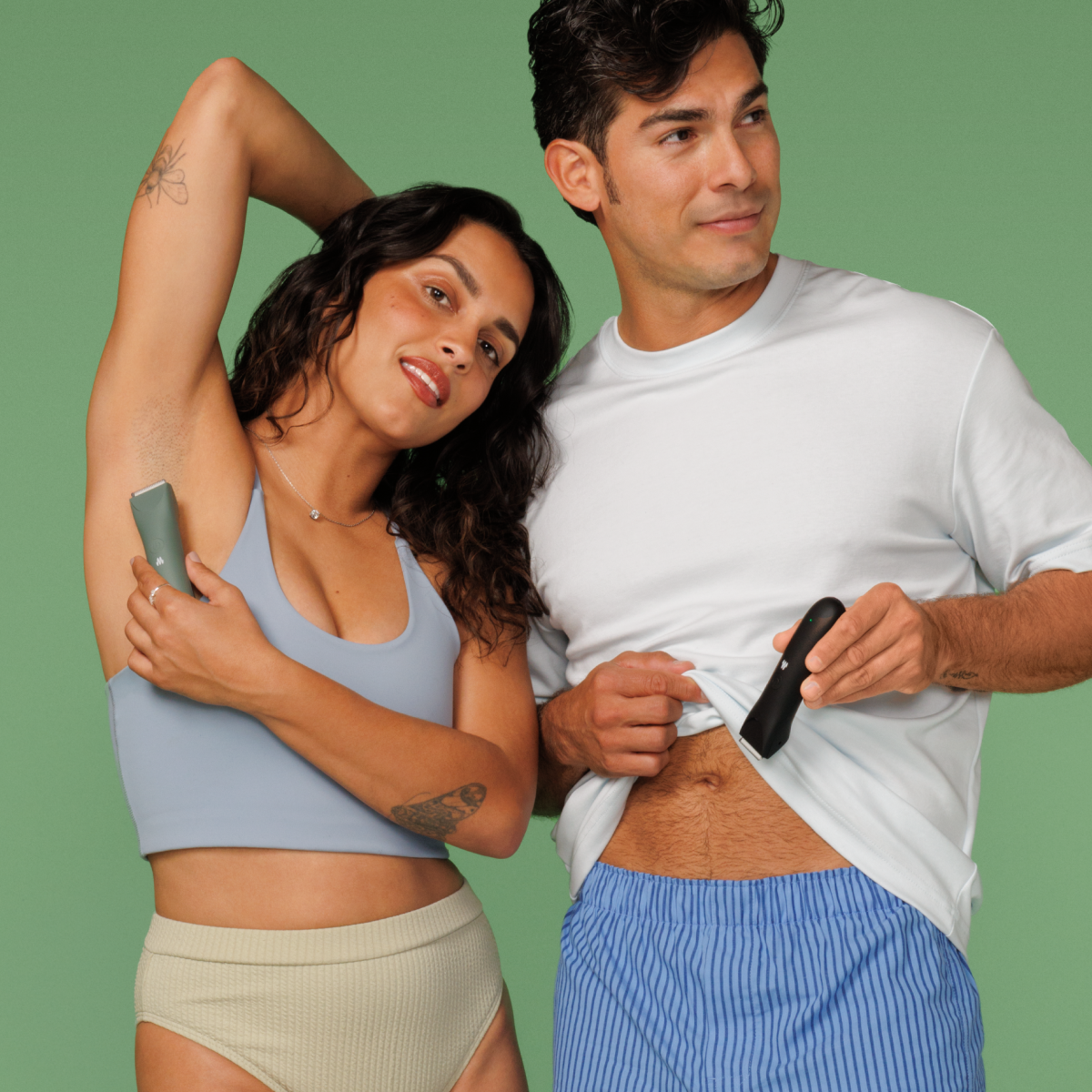 Couple using the Meridian Slimmer Trimmers — versatile grooming tools designed for both men and women