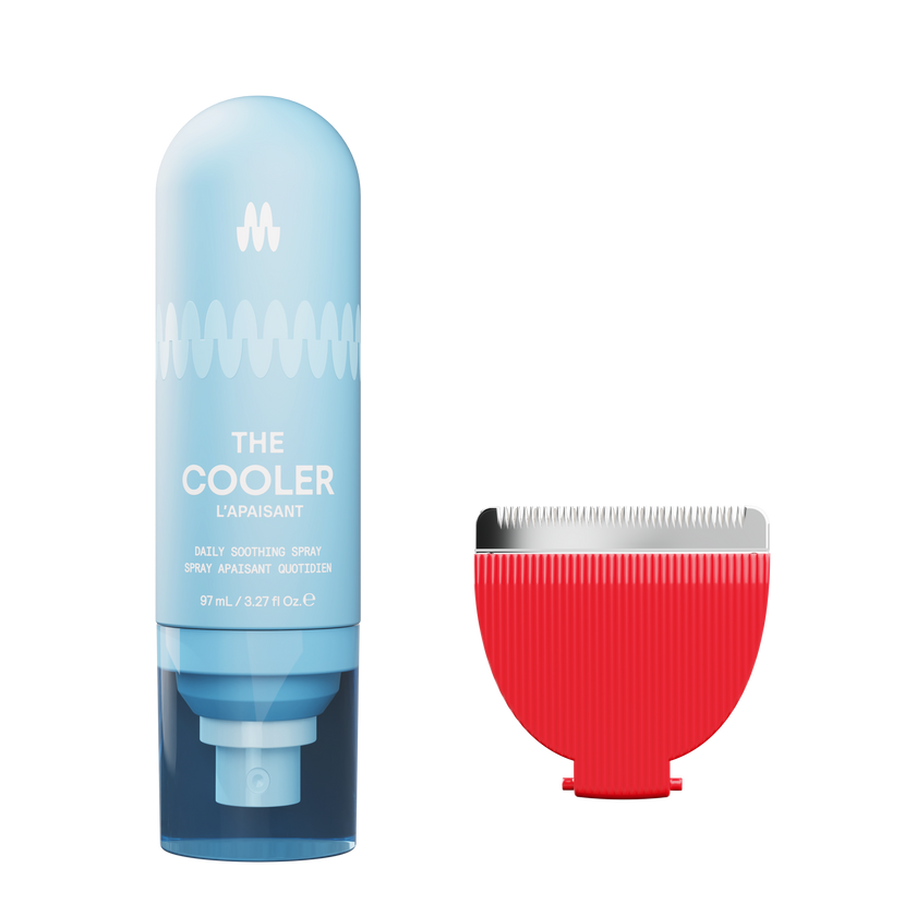 Blue "The Cooler" daily soothing spray bottle and red replacement metal blade for hair clippers, grooming tools.