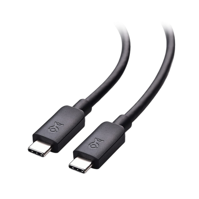 Black USB-C to USB-C charging cable with connectors against a transparent background.