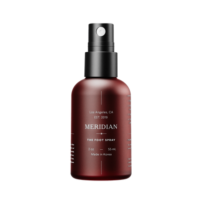 Meridian The Foot Spray in a maroon bottle with black spray cap, 2 oz / 55 ml, made in Korea.