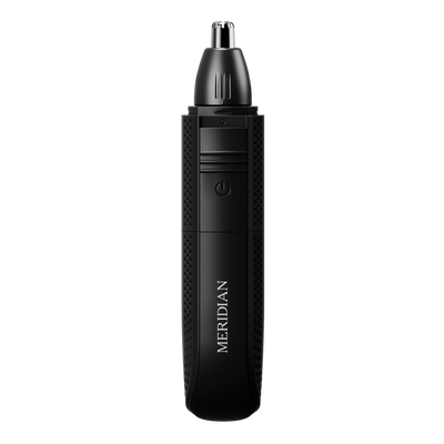 Black electric nose and ear hair trimmer with textured grip and Meridian branding on a black background.