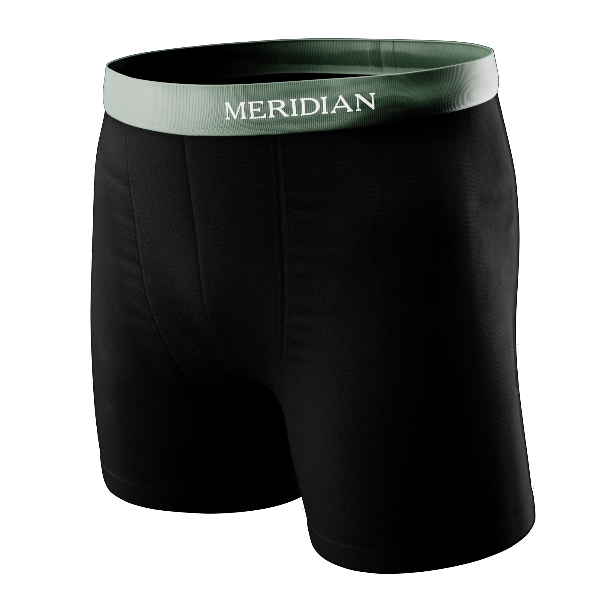 Black boxer briefs with a green waistband featuring the Meridian brand name.