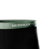 Close-up of black fabric with a green waistband featuring the "MERIDIAN" brand name in white letters.
