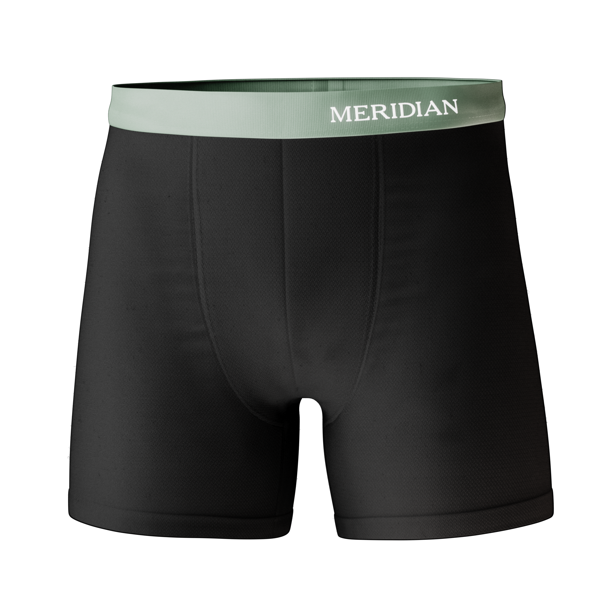 Black boxer briefs with a light gray waistband featuring the Meridian brand name.