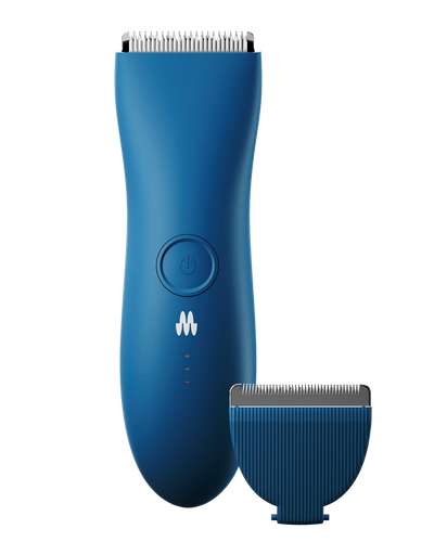 Blue electric hair trimmer with a power button and detachable blade attachment.