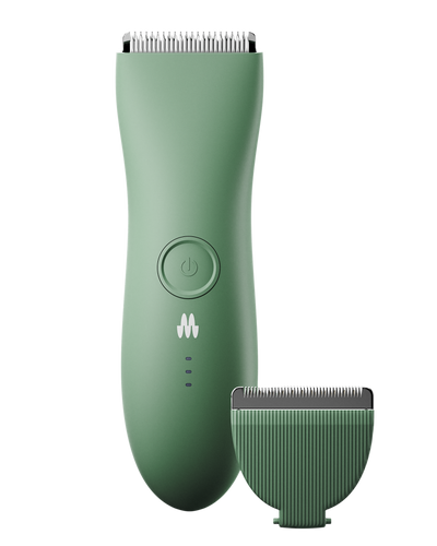 Green electric hair trimmer with a power button and detachable blade attachment.