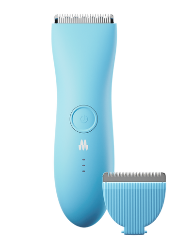 Blue electric hair trimmer with a power button and detachable blade attachment.