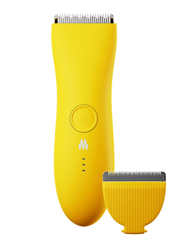 Yellow electric hair trimmer with a power button and detachable blade attachment.