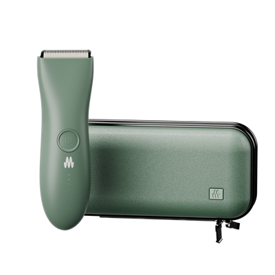 Green electric hair trimmer with power button and three indicator lights, accompanied by a matching green carrying case with a zipper.