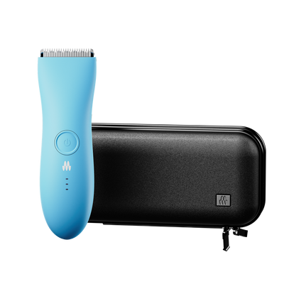 Blue electric beard trimmer with power button and LED indicators, shown alongside a black zippered carrying case.