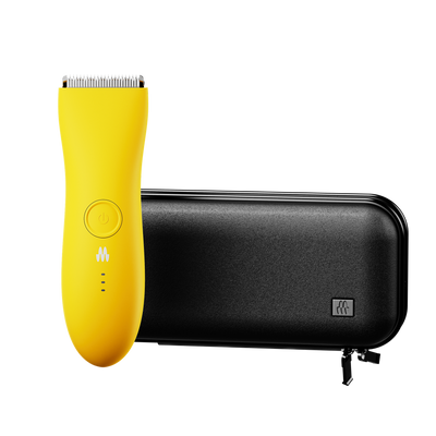 Yellow electric beard trimmer with power button and LED indicators, shown alongside a black zippered carrying case.