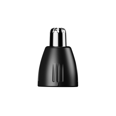 Close-up of a black and silver nose and ear hair trimmer attachment for grooming.